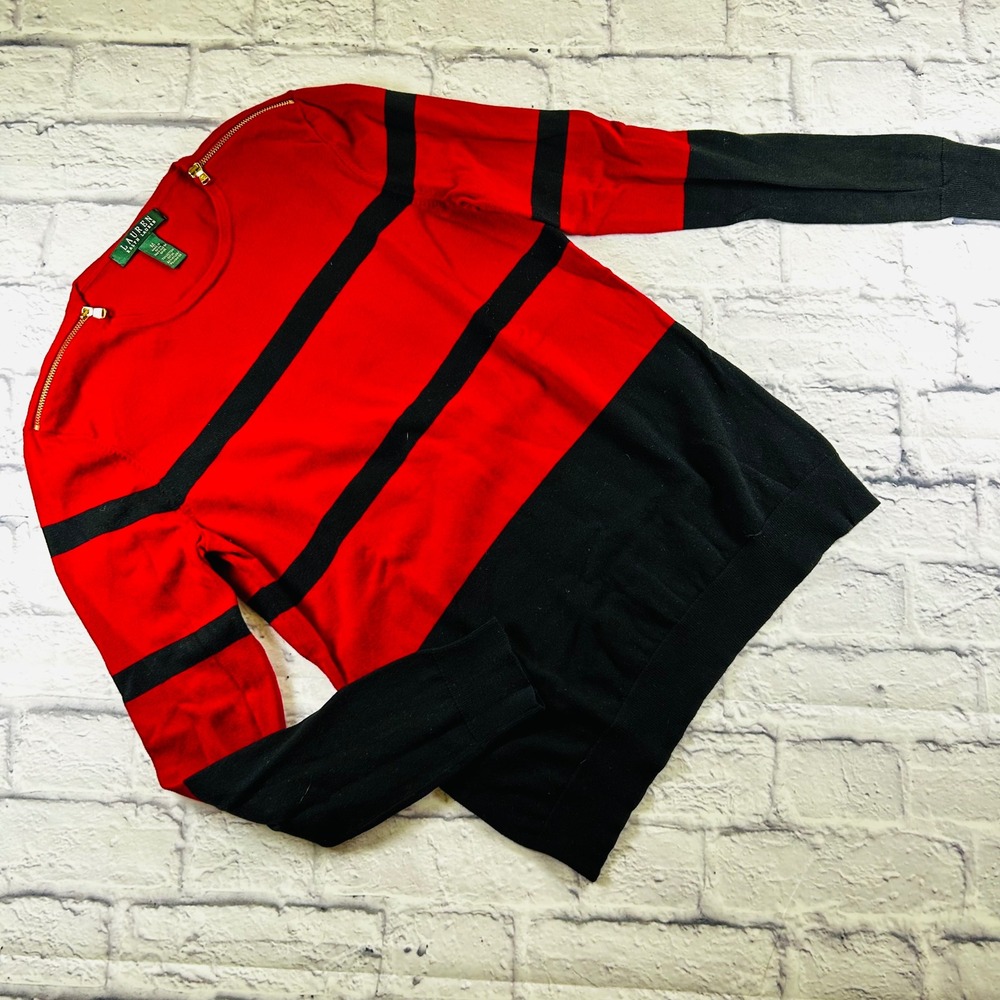 Lauren Ralph Lauren Red Black Striped Shoulder Zip Fine Knit Sweater Women's M